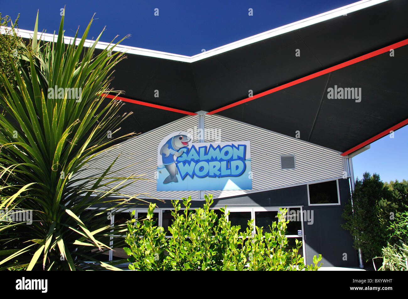 Salmone attrazione mondiale, salmone Tales Edificio, Rakaia, Canterbury, Isola del Sud, Nuova Zelanda Foto Stock