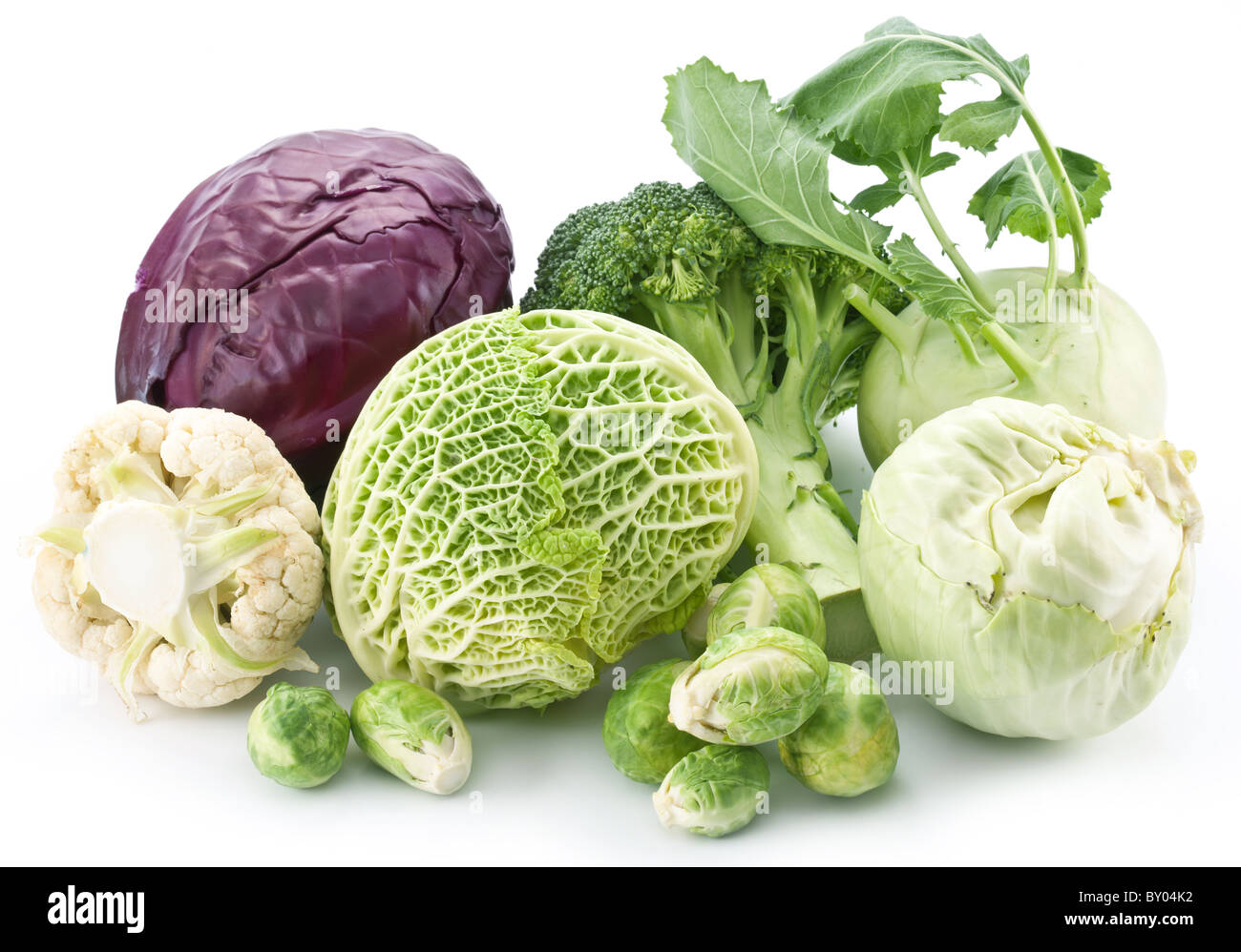 Raccolta di diverse varietà di cavolo nero su uno sfondo bianco. Foto Stock