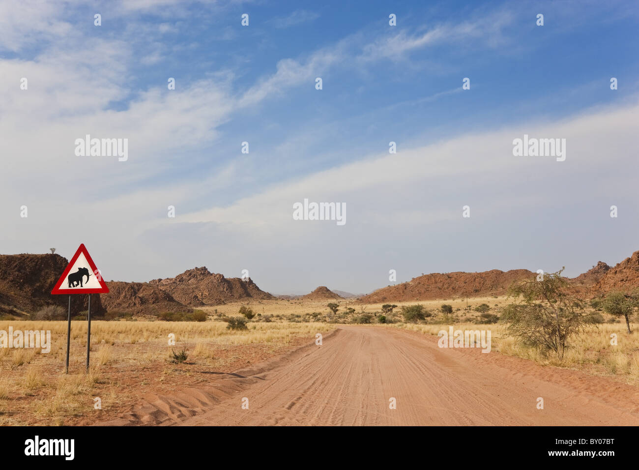 Elephant road sign & road, Damaraland, Namibia Foto Stock