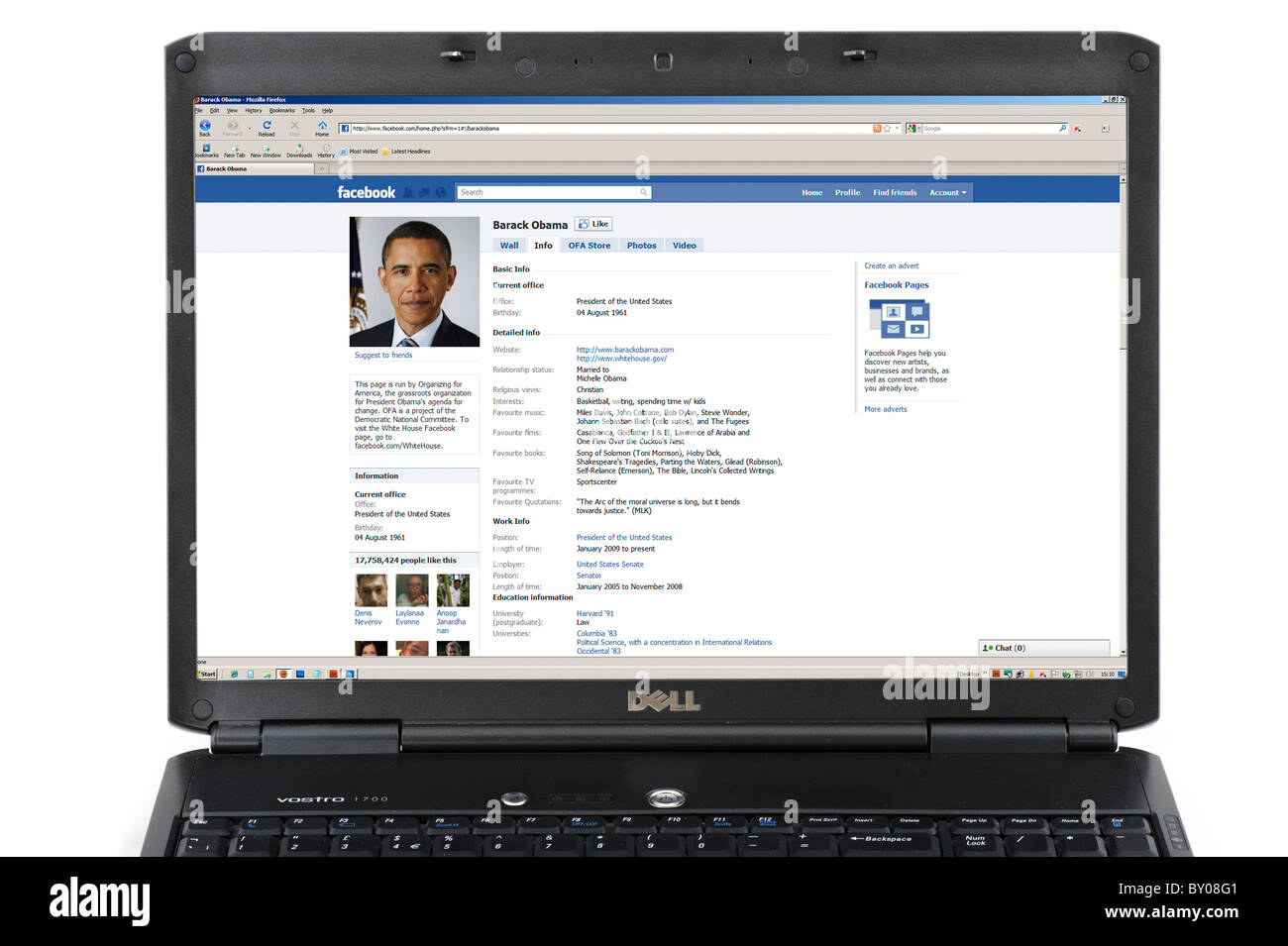 Pagina di Facebook del Presidente degli Stati Uniti Barack Obama su un computer portatile Foto Stock