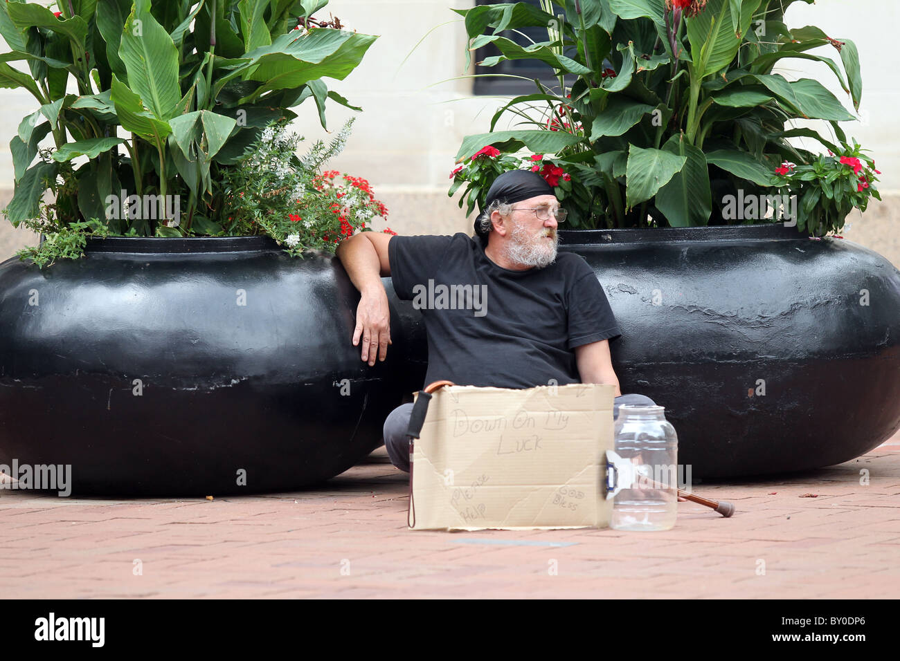 Un senzatetto si siede e implora per modificare in tempi di crisi economica sul centro commerciale di Charlottesville, Virginia. Foto Stock