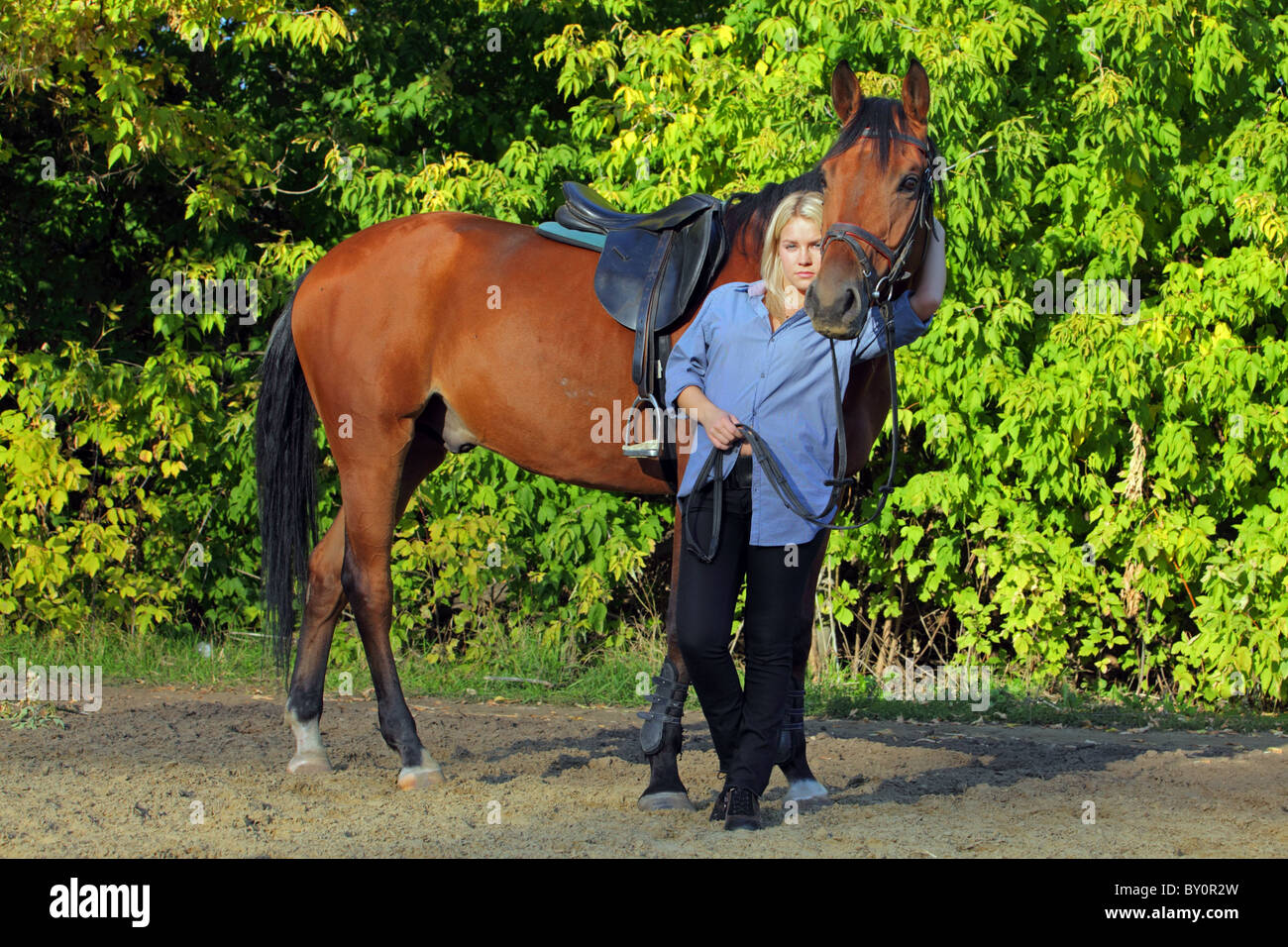 Ritratto di donna bionda adolescente con un cavallo Foto Stock