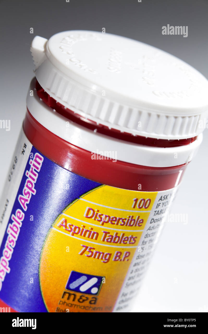 La bassa dose di 75g di aspirina pillole contenitore Foto Stock