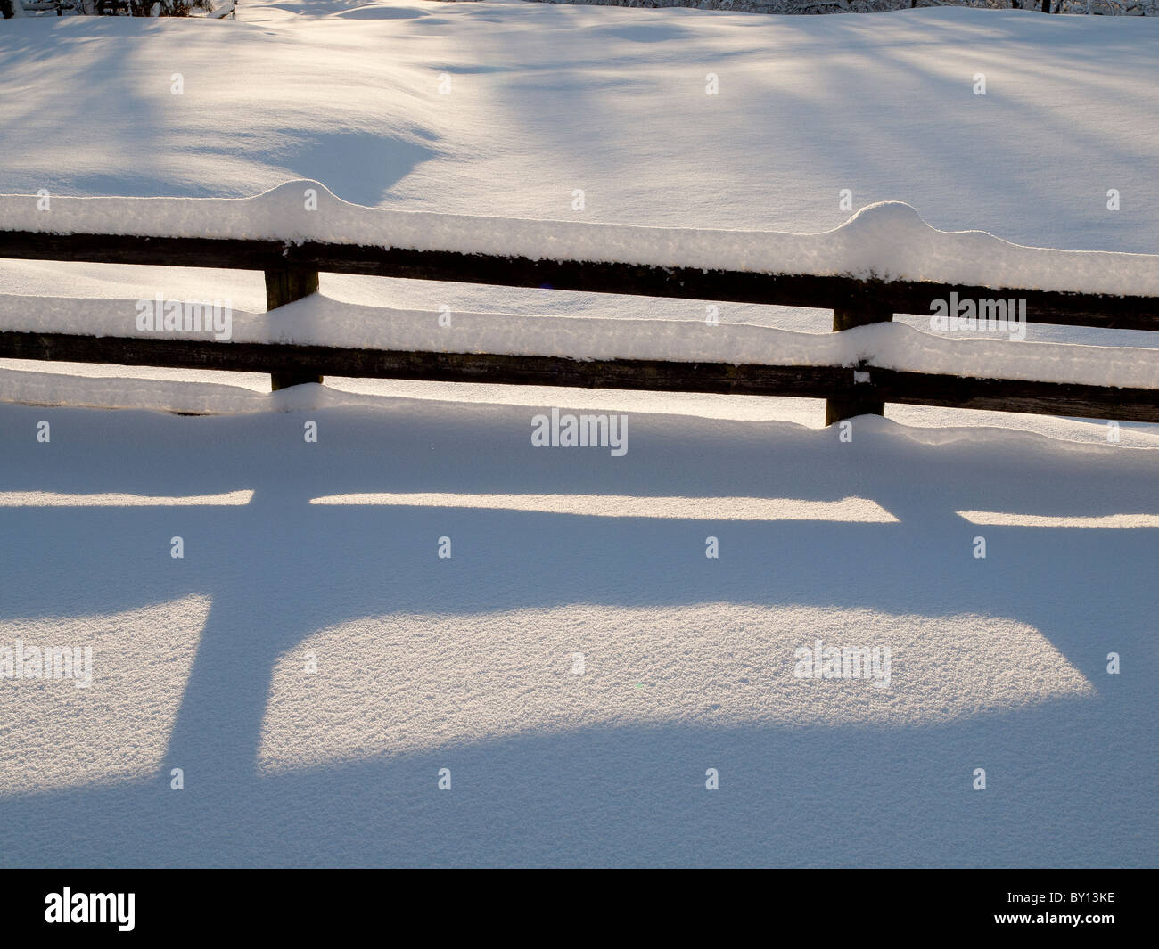 Recinzione e ombre nella neve Foto Stock