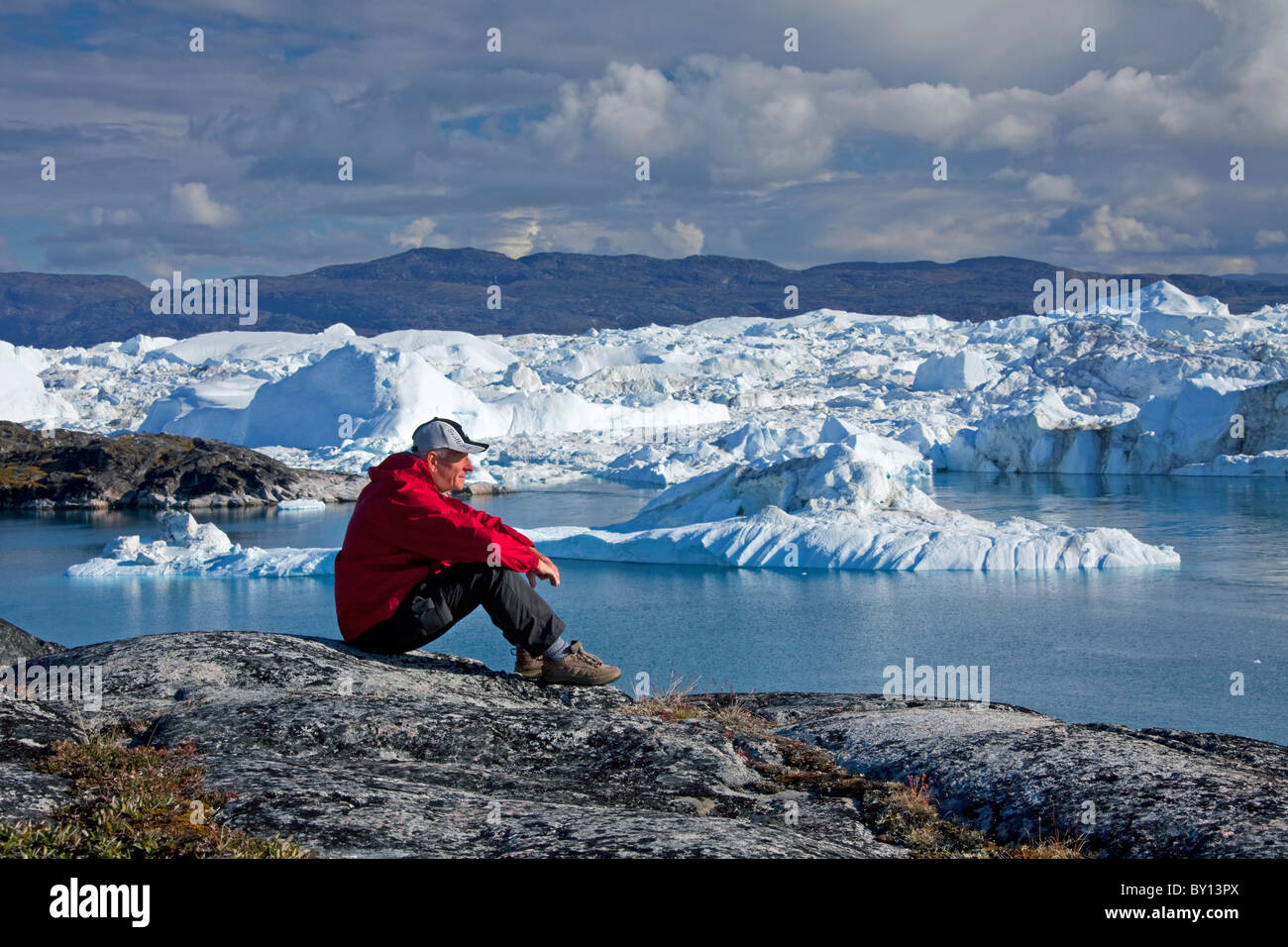 Per turisti in cerca di Kangia icebergs, Disko-Bay, UNESCO World Heritage Site, West-Greenland, Groenlandia Foto Stock