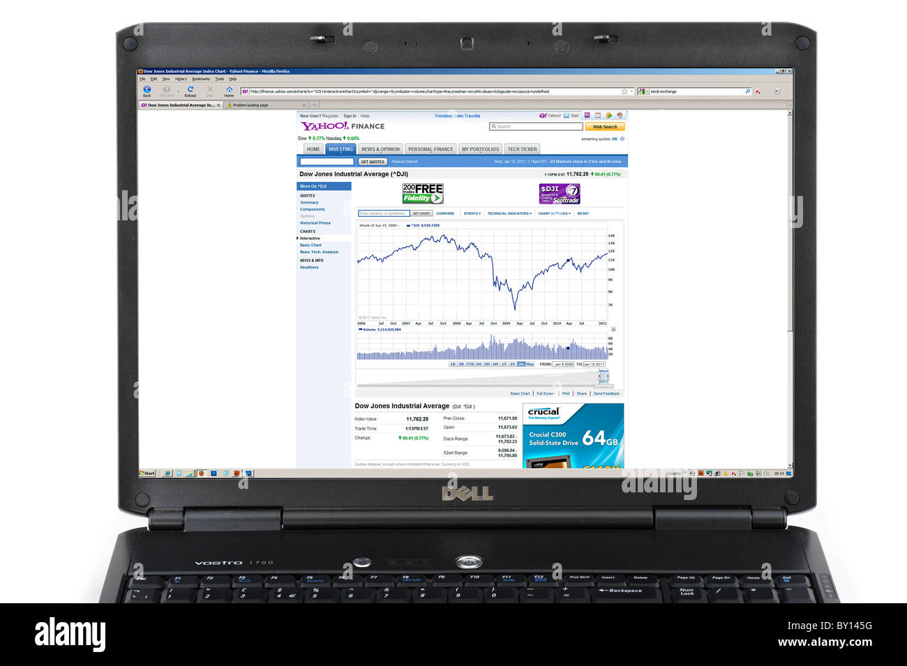 Guardando il 2006 al 2010 5 anni di storia del Dow Jones Industrial Average su Yahoo Finance sito web, STATI UNITI D'AMERICA Foto Stock