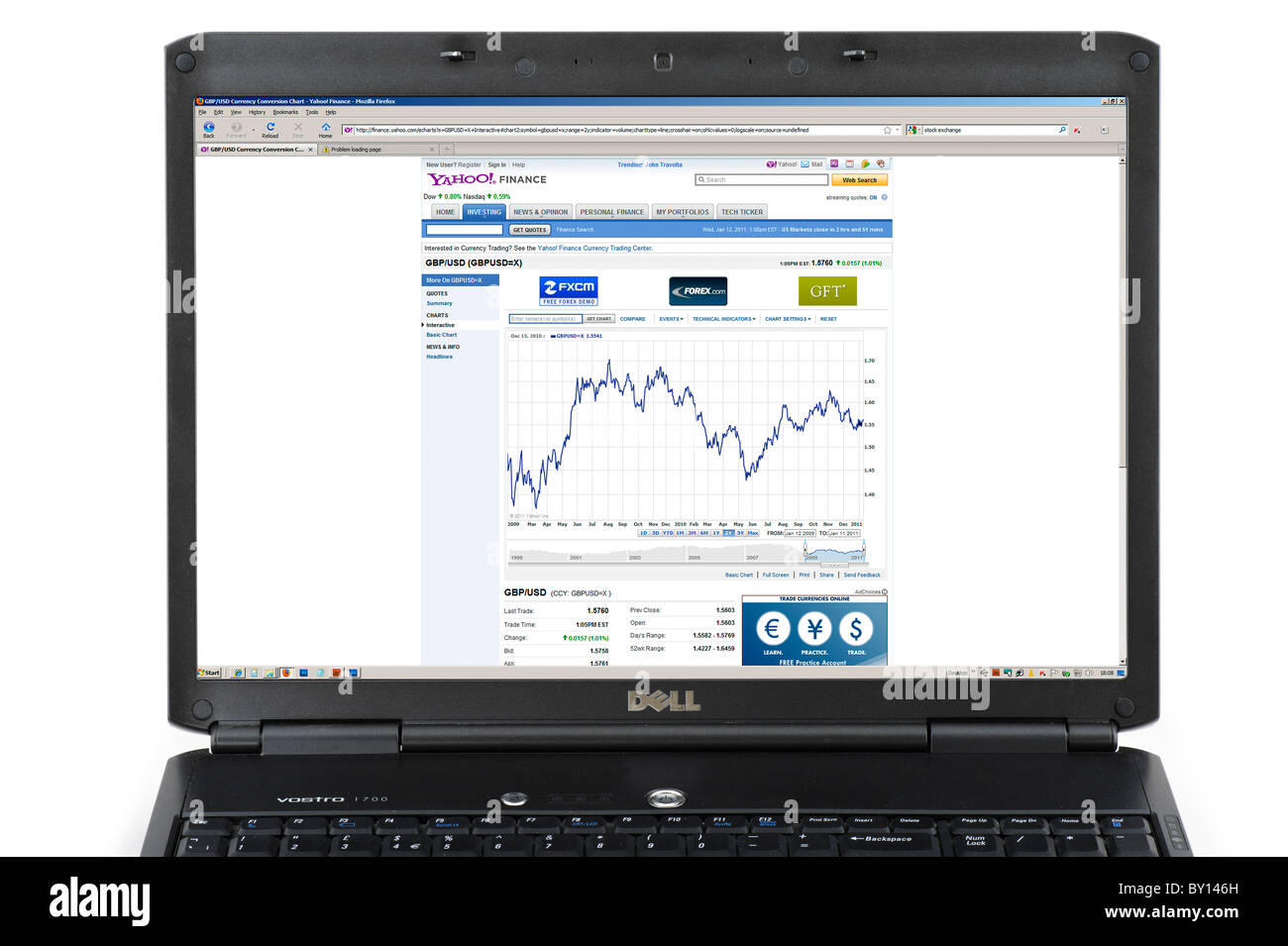 Guardando 2009-2010 2 anni di storia della sterlina inglese (GBP) contro il dollaro statunitense (USD) su Yahoo Finance sito web, REGNO UNITO Foto Stock