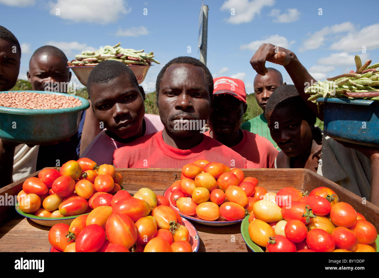 MECATI foresta, vicino a Nampula, Mozambico, Maggio 2010 : Vegitable e venditori di frutta dal lato della strada. Foto Stock