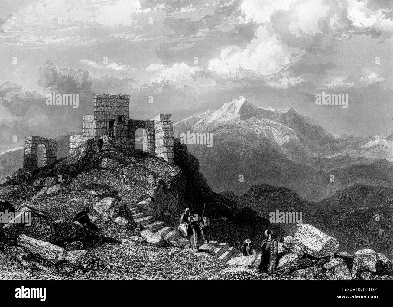 La vetta del Monte Sinai; da Paesaggio illustrazioni della Bibbia del XIX secolo in bianco e nero illustrazione; Foto Stock