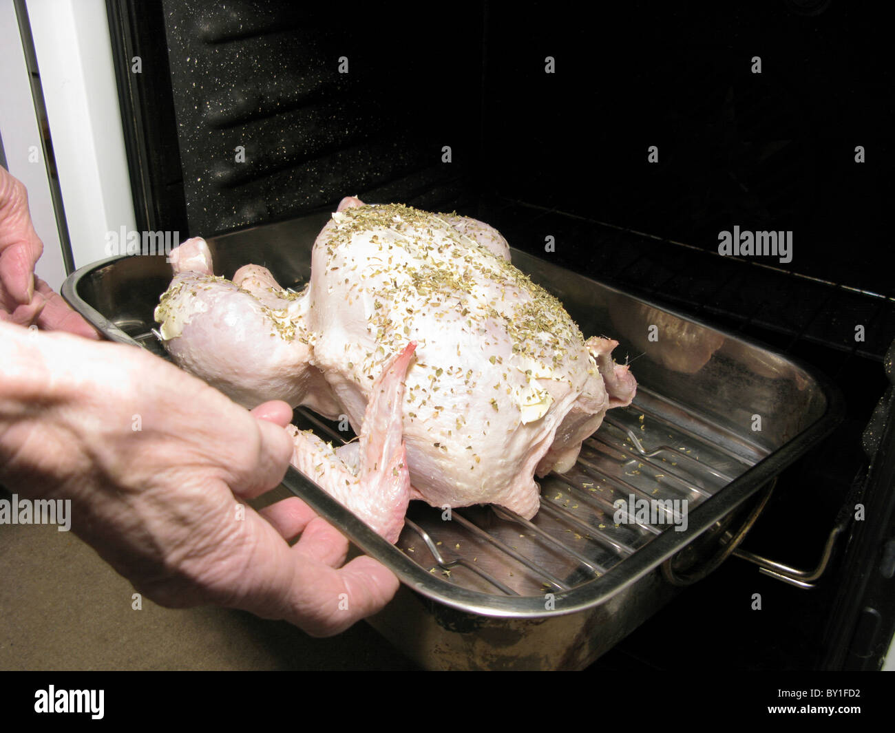 Mettere un pollo imbastite con burro & erbe nel forno per arrostire Foto Stock