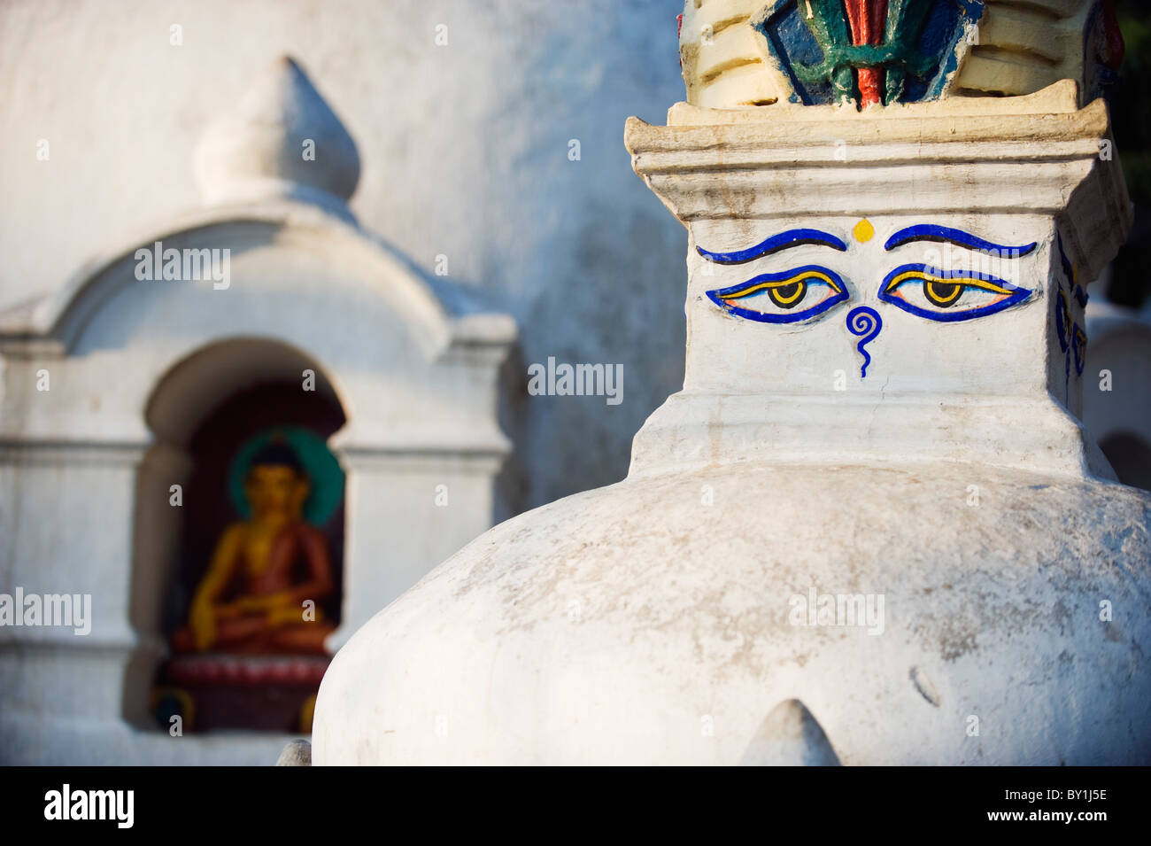 Asia, Nepal, Kathmandu, Valle di Kathmandu, Swayambhu, Monkey Temple, stupa occhi di Buddha Foto Stock