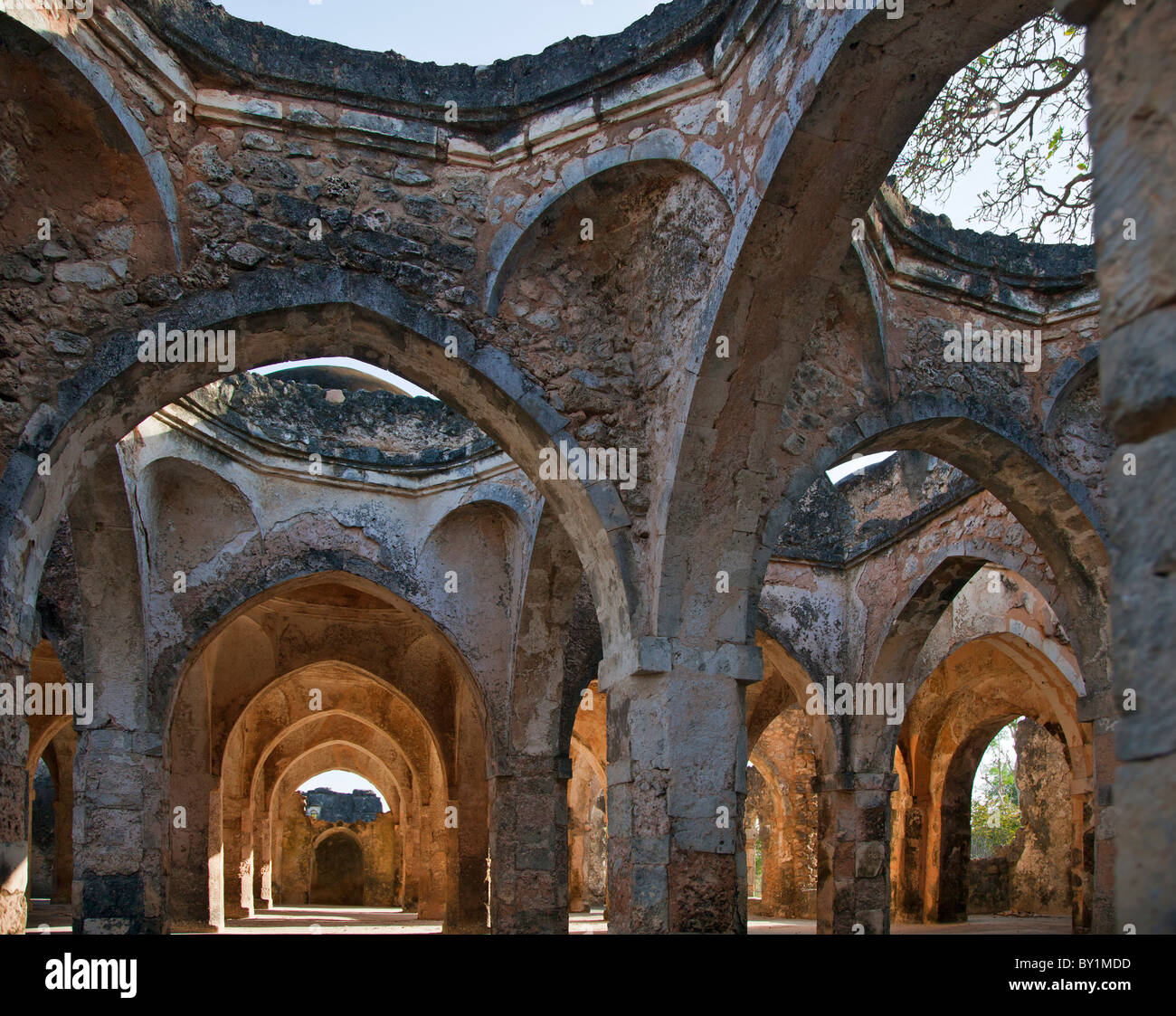 Le magnifiche rovine della grande moschea di Kilwa Kisiwani che fu costruito una prima volta nel decimo e undicesimo secoli con importanti Foto Stock