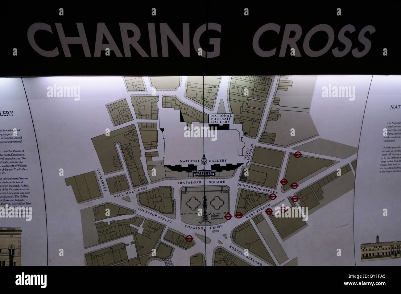 Mappa di Trafalgar Square area a Charing Cross della metropolitana Stazione, London, England, Regno Unito Foto Stock