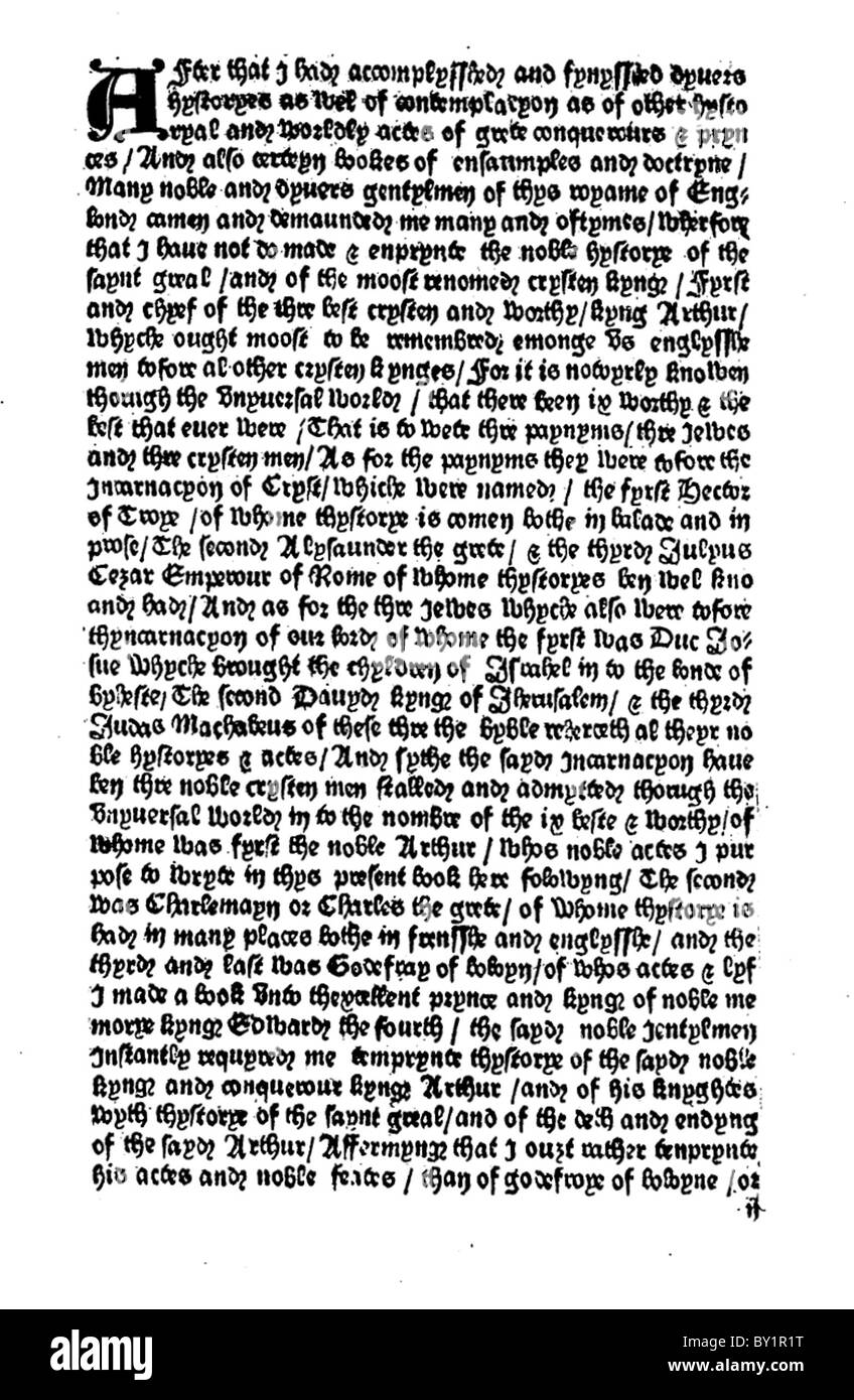 MORTE D'Arthur prima pagina di Caxton edizione del 1485 Foto Stock