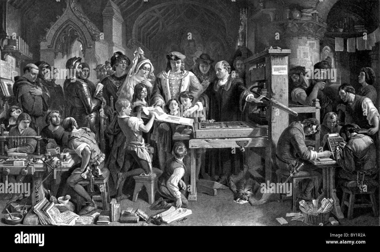 WILLIAM CAXTON (c 1420-C 1492) che mostra il primo esemplare del suo la stampa di Edoardo VI e la Regina Elisabetta da 1851 pittura Foto Stock