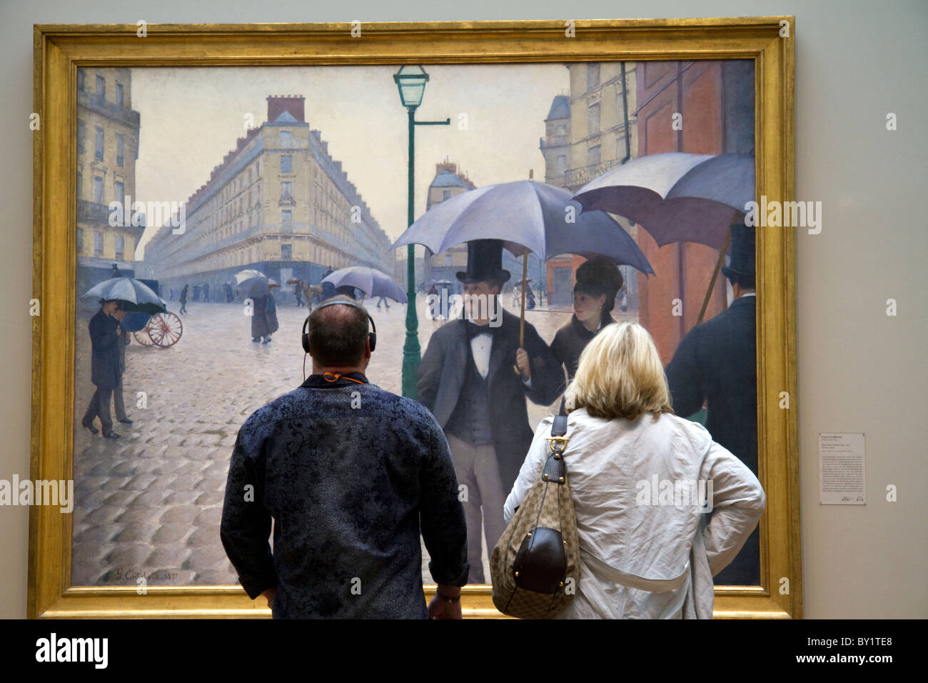 Paris Street; giornata piovosa dipinto da Gustave Caillebotte visualizzato all Istituto d Arte di Chicago, Illinois, Stati Uniti d'America. Foto Stock