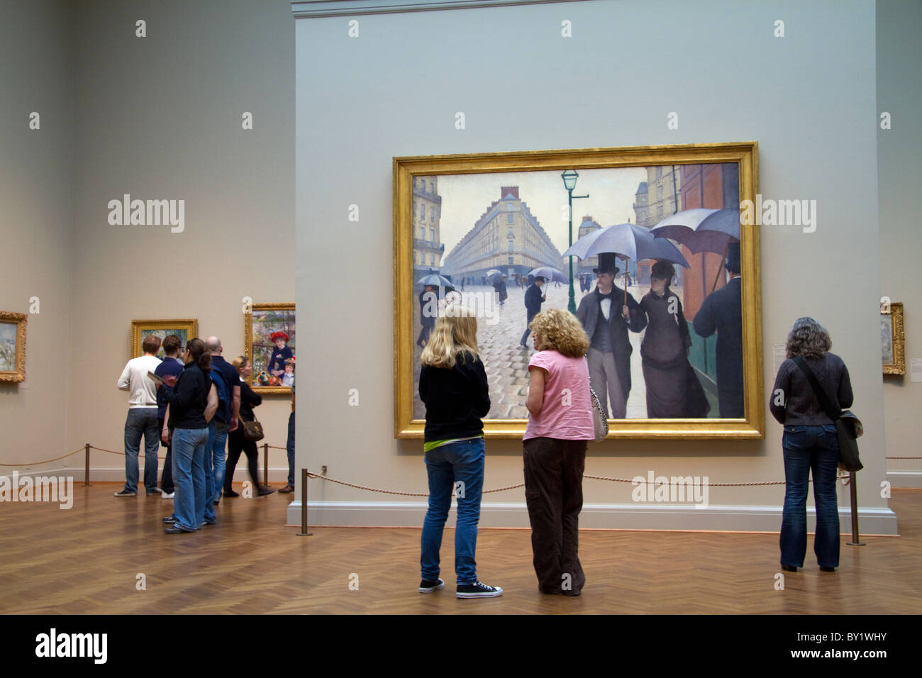 Paris Street; giornata piovosa dipinto da Gustave Caillebotte visualizzato all Istituto d Arte di Chicago, Illinois, Stati Uniti d'America. Foto Stock