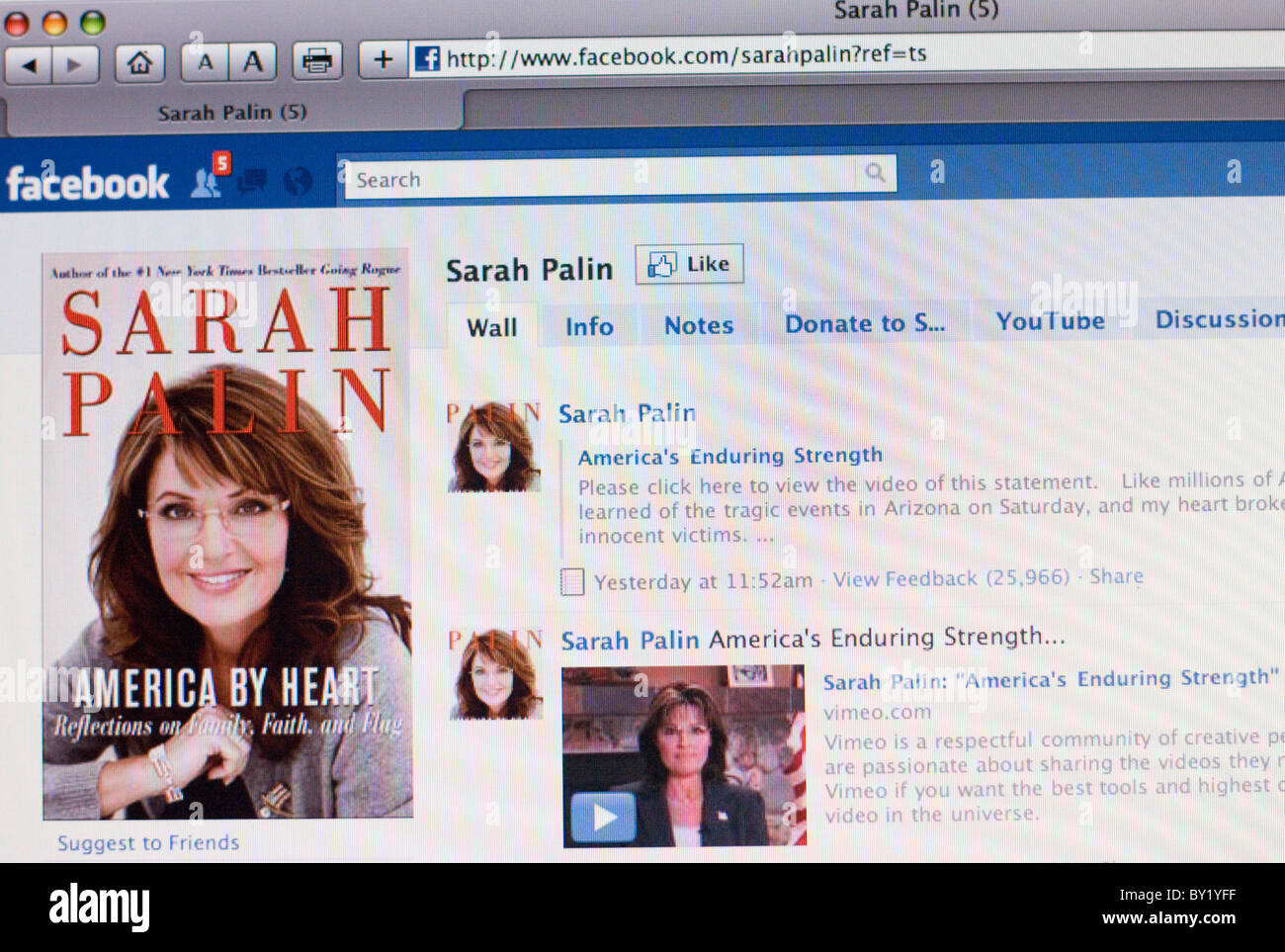 Screenshot della pagina di Facebook - Sarah Palin Foto Stock