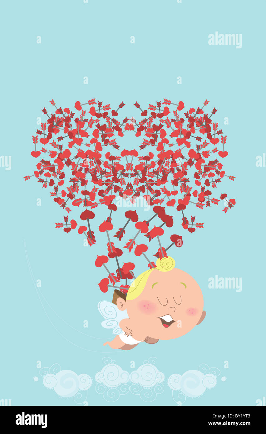 Carino battenti cupido, perdendo il suo retro di cuore le frecce nel cielo, che sono essi stessi formando un cuore. Ottimo per il giorno di San Valentino card Foto Stock
