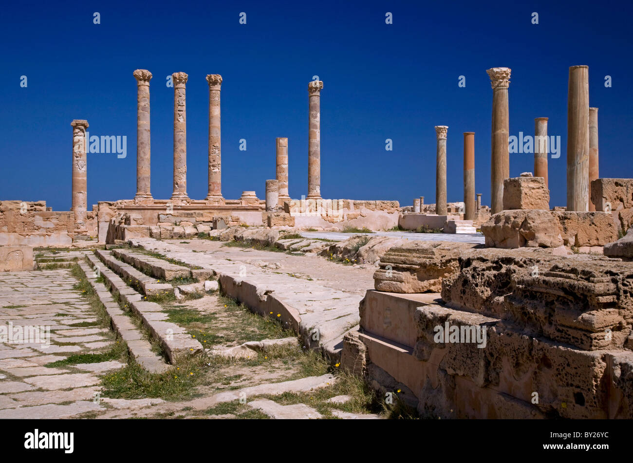 Sabratha, Libia; i resti delle antiche città romane che giace appena fuori del Mediterraneo Foto Stock