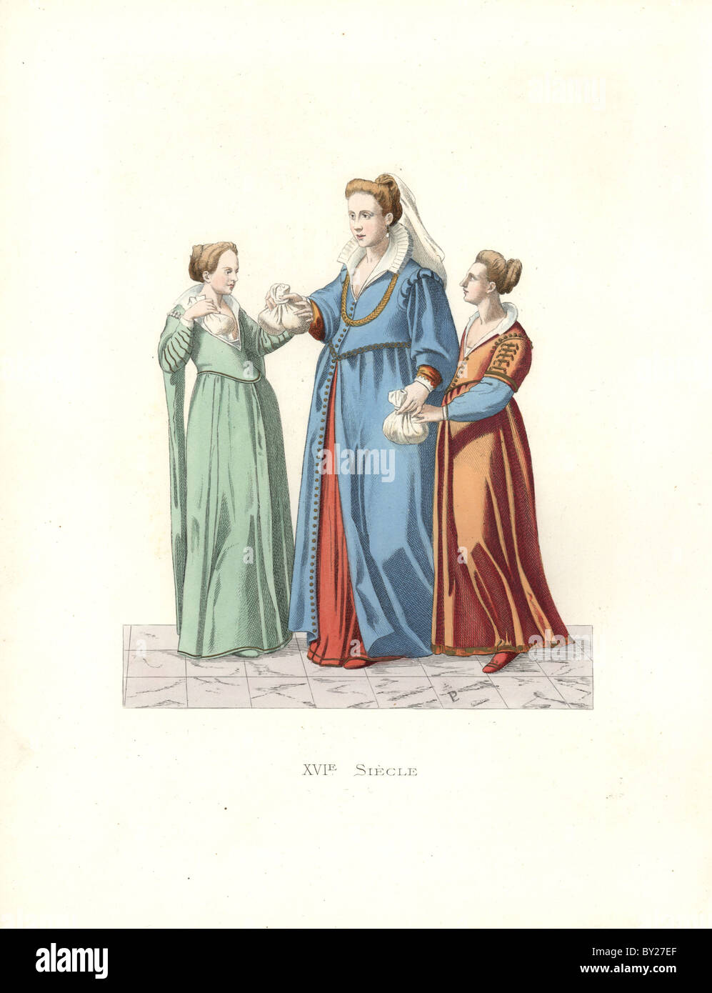 Le donne di Venezia, del XVI secolo, con sacchi di uova di bachi da seta. Foto Stock