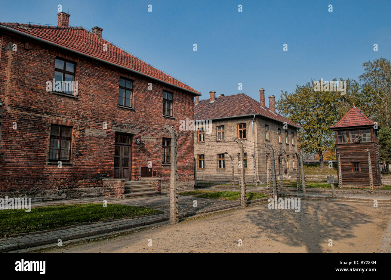 Campo di concentramento di Auschwitz orrore Oswiecim Polonia edifici Foto Stock