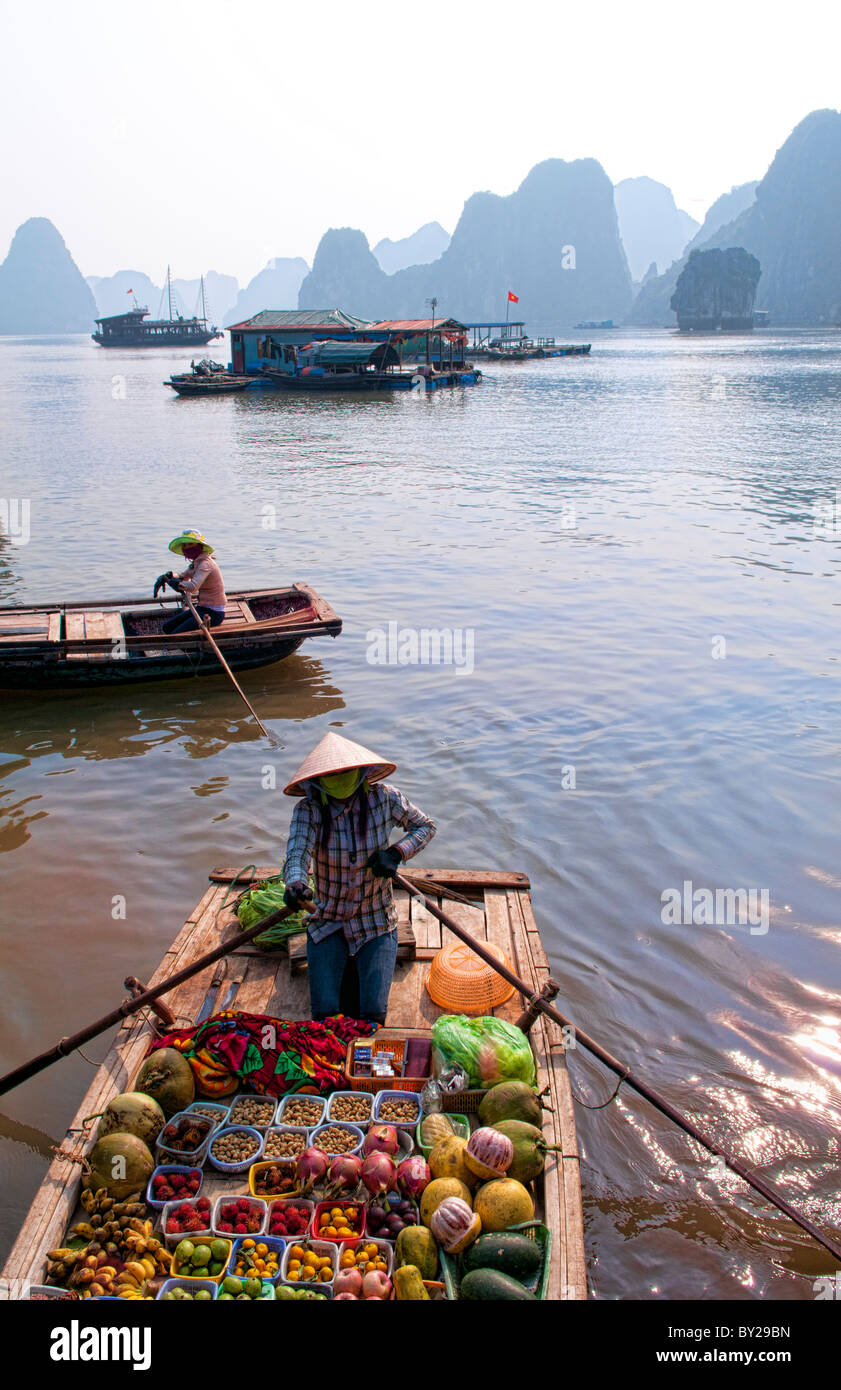 Vecchie barche e junkets Halong Bay ha a lungo a picchi frastagliati e villaggi di pescatori montagne relax Vietnam Foto Stock
