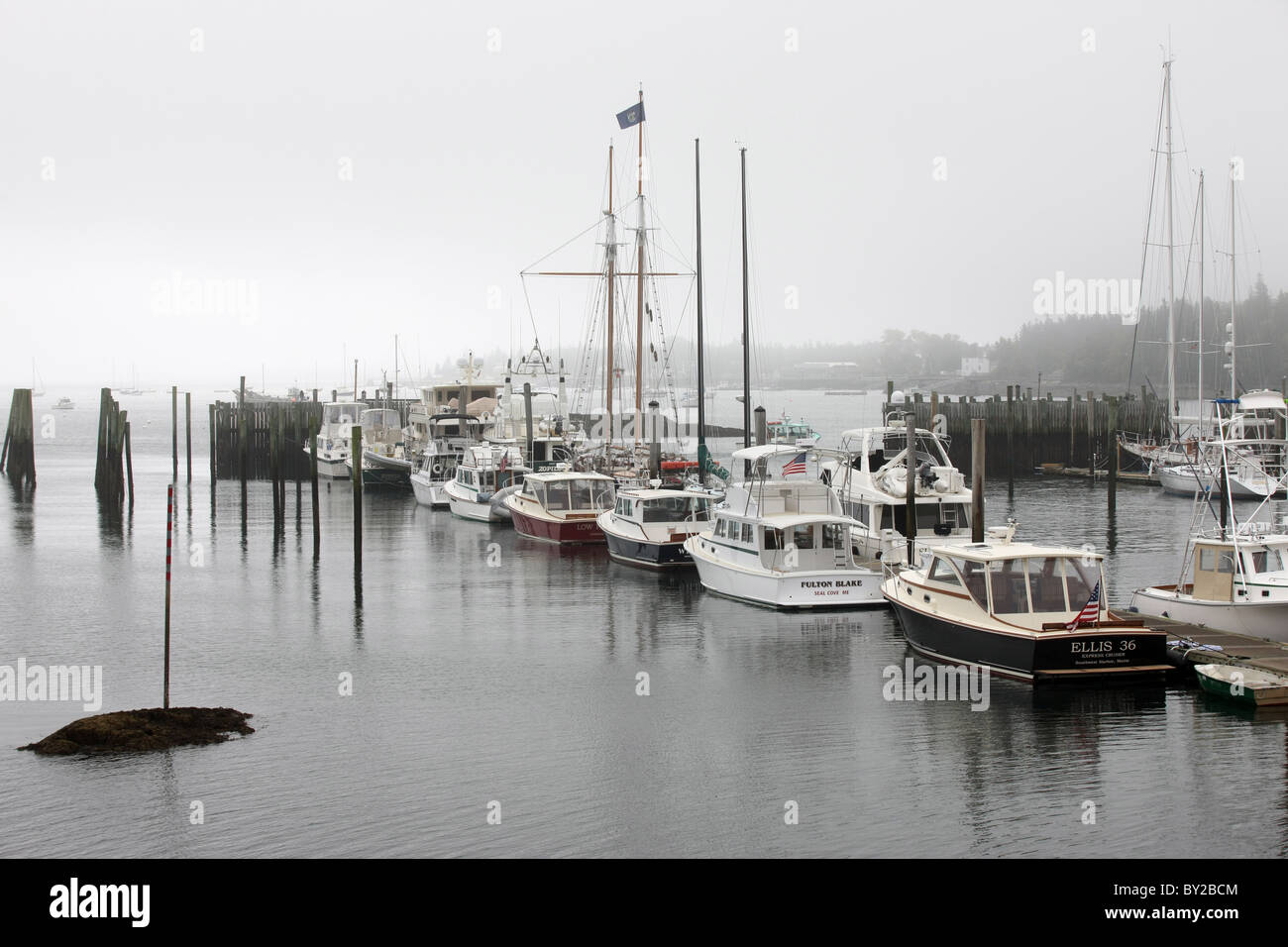 Barche a vela deriva nel porto di nebbia di Acadia, Maine. Foto Stock