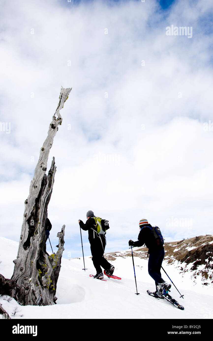 Due persone snow shoeing lungo una cresta su un nuvoloso giorno. Foto Stock