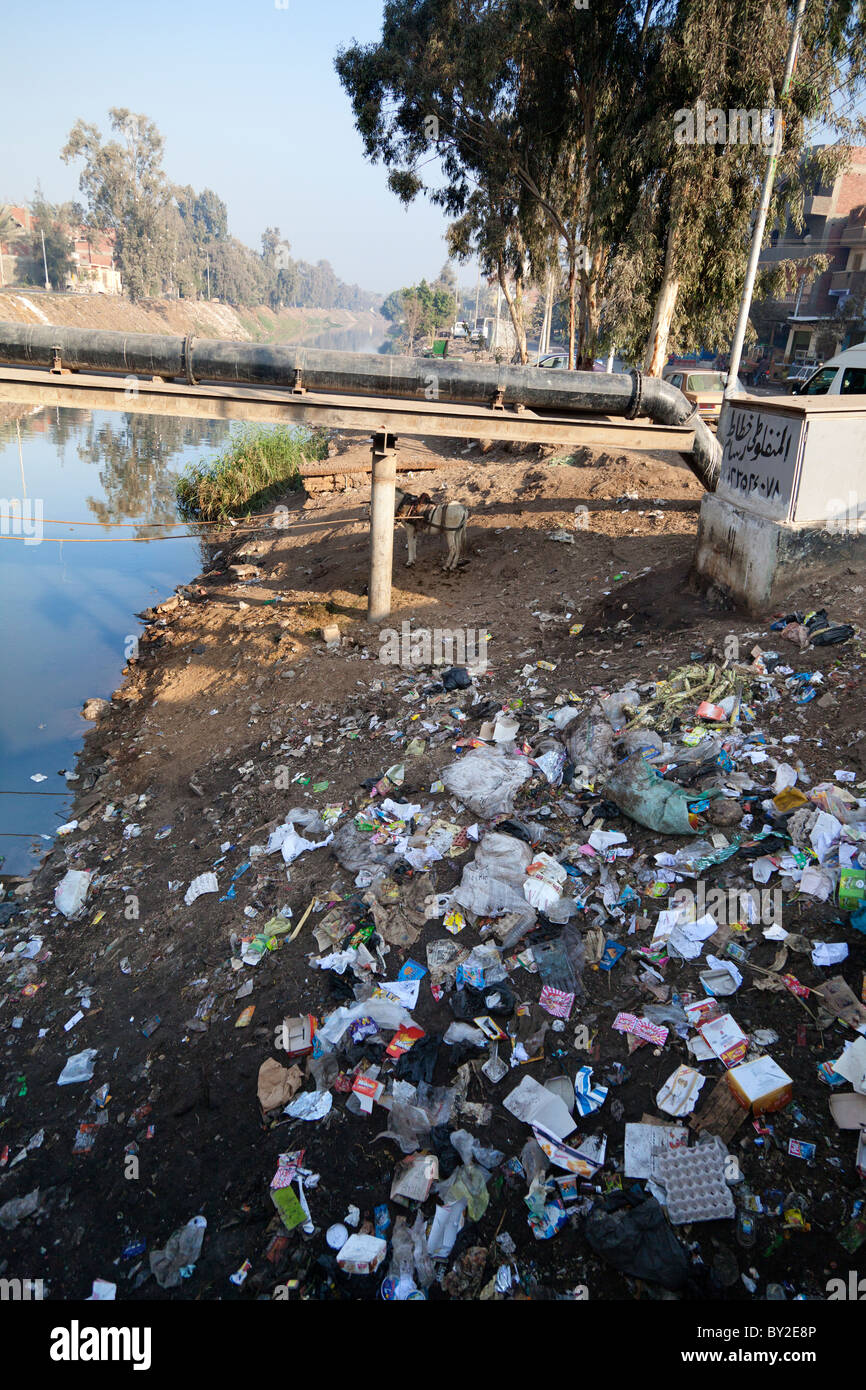 Rifiuti gettati in canal, Saqqara, Egitto Foto Stock