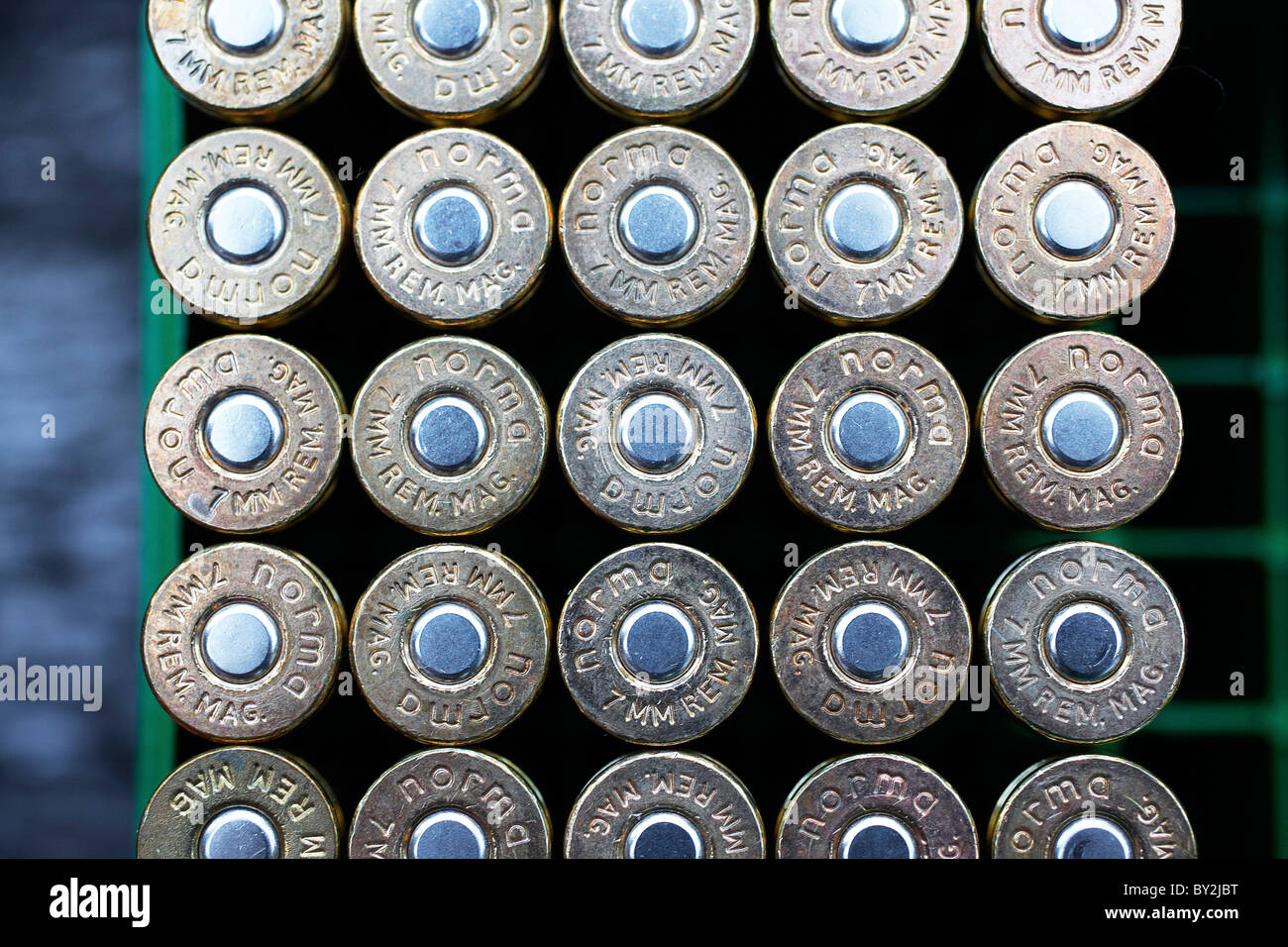 Dettaglio colpo di 7 mm di munizioni per fucile schierati ordinatamente in righe. Foto Stock