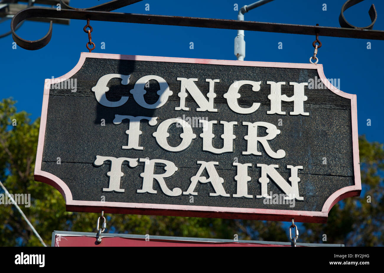 Segno pubblicità Conch Tour Train a Key West, Florida USA Foto Stock