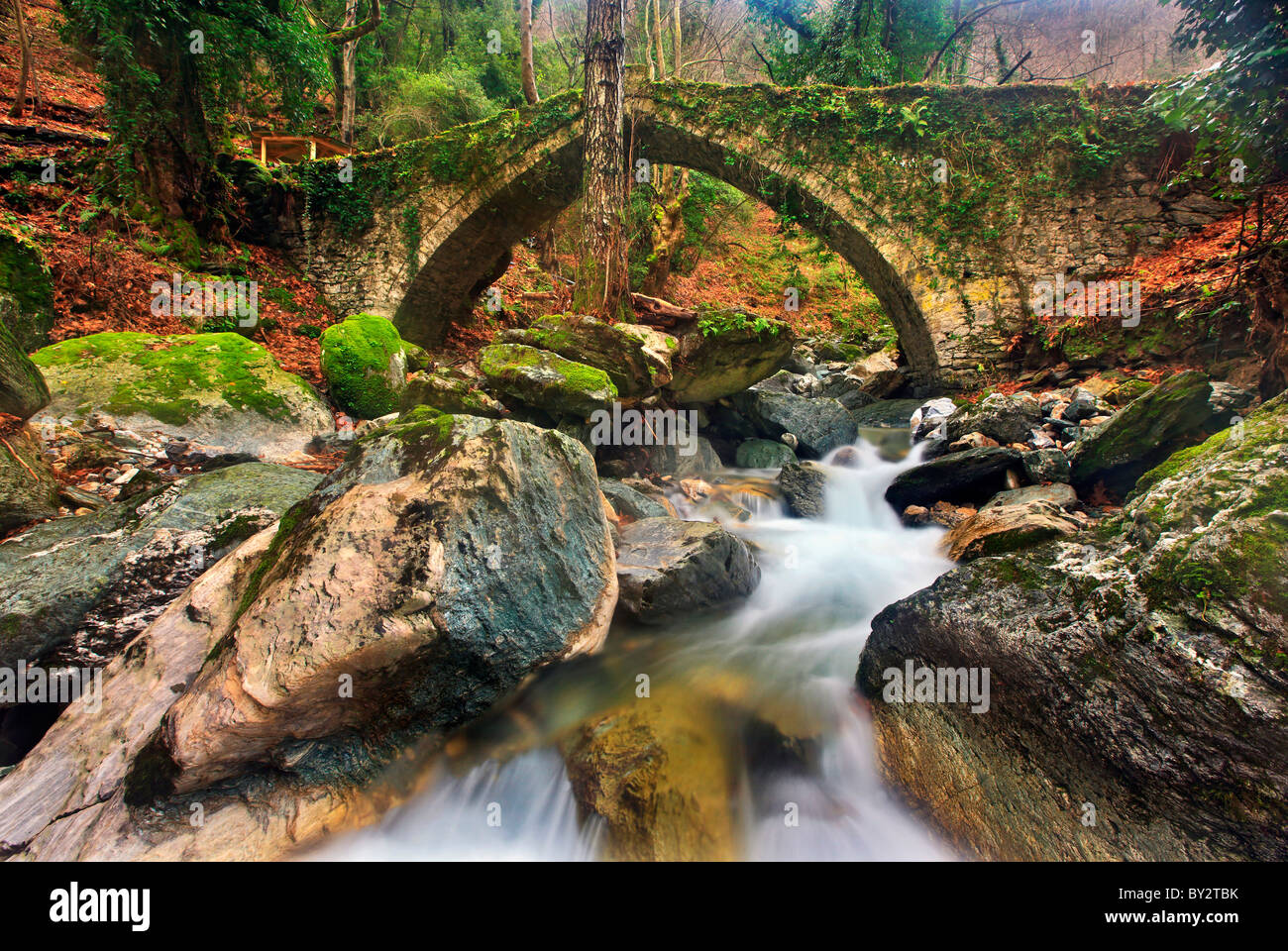 Il vecchio ponte di pietra (costruito nel 1787) vicino al villaggio di Tsangarada, Pelion montagna, Magnissias, Grecia Foto Stock