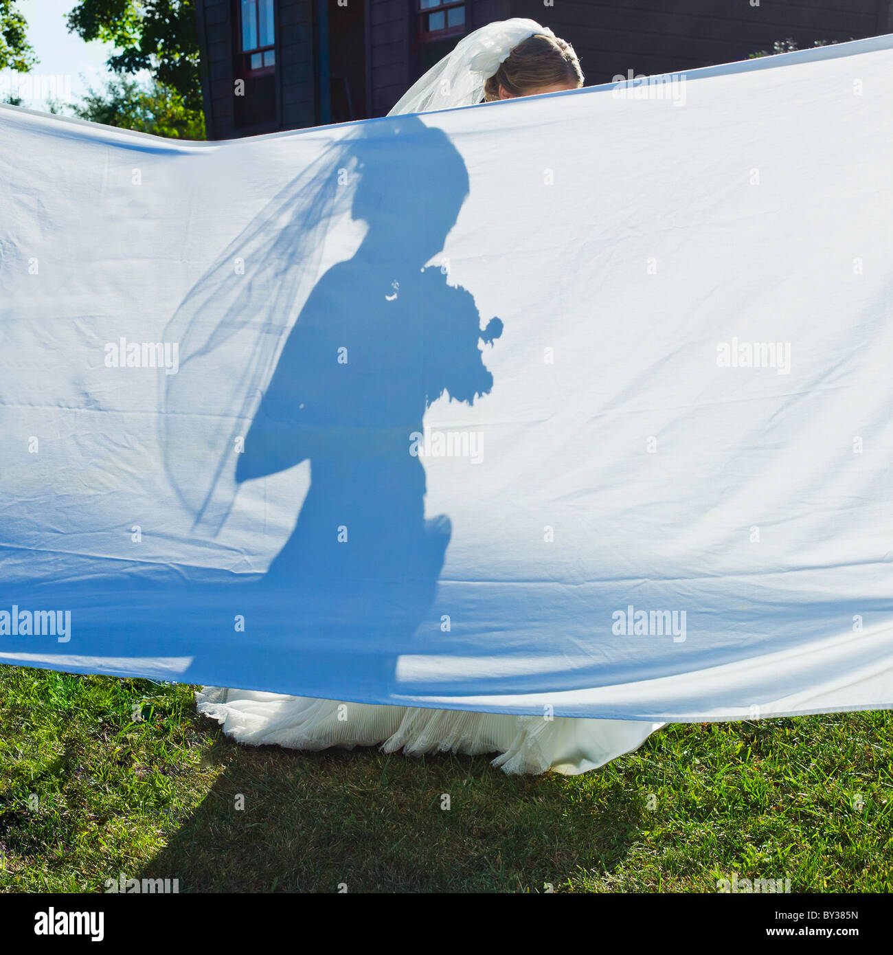 Silhouette di sposa dietro al foglio di grandi dimensioni in giardino Foto Stock