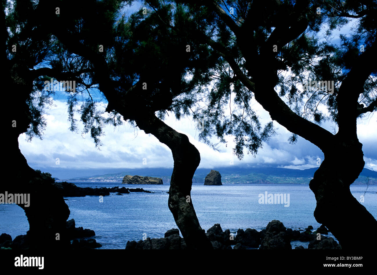 Vista costiera da Madelena sull isola Pico attraverso il canale per l'isola di Faial nelle Azzorre Foto Stock