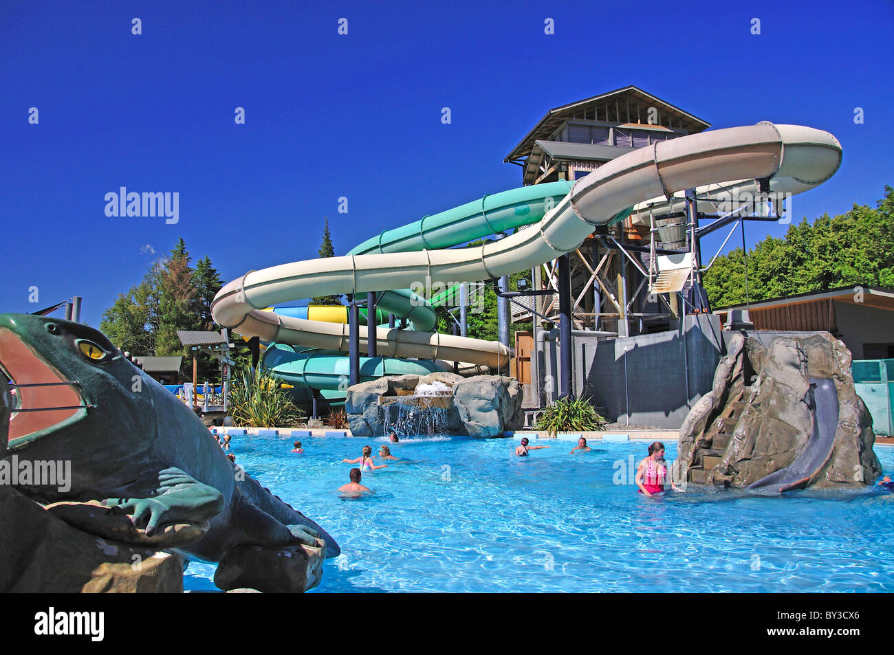 Area AquaPlay, Hanmer Springs Thermal Pool & Spa, Hanmer Springs, Canterbury, Isola del Sud, Nuova Zelanda Foto Stock