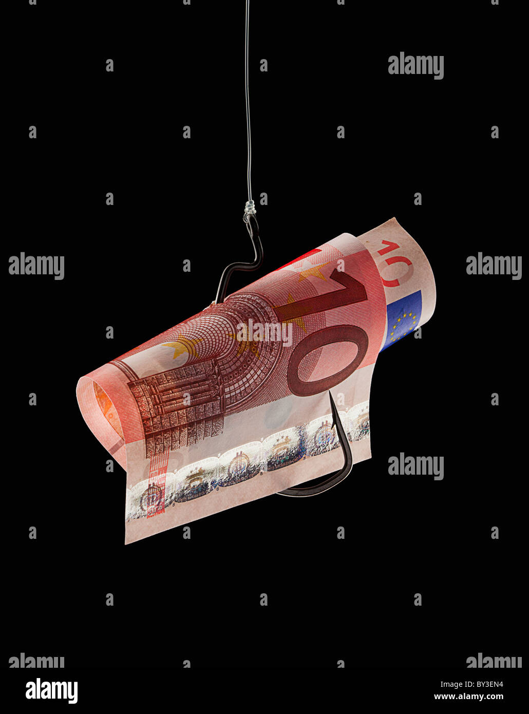 Dieci euro nota sul gancio di pesca Foto Stock