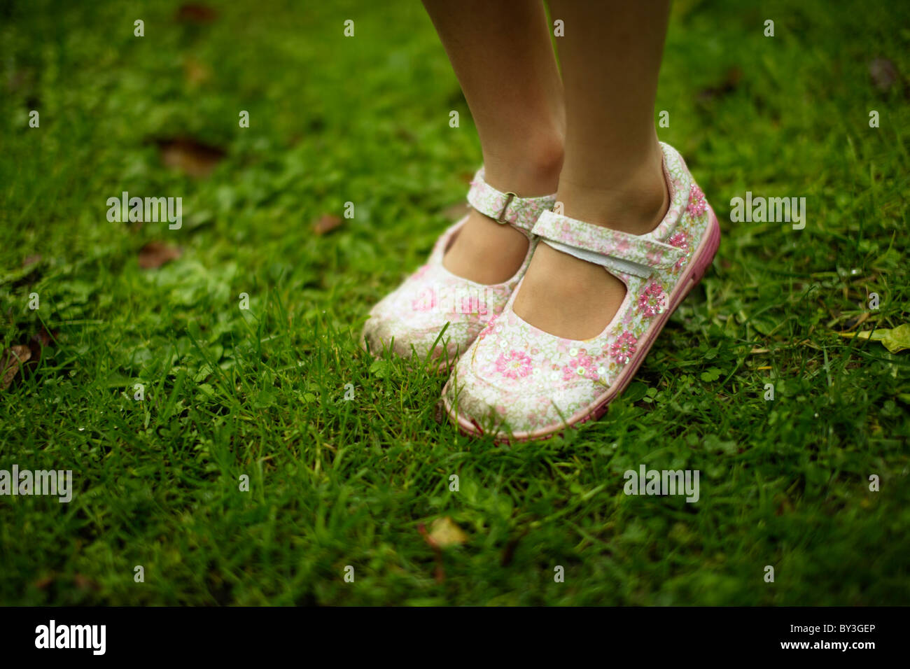 La ragazza glittery scarpe sul prato Foto Stock