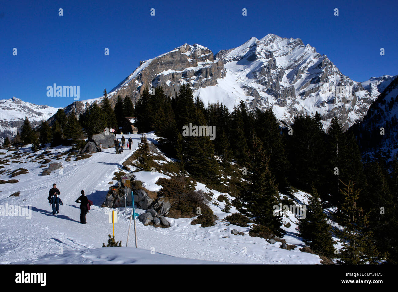 Escursioni invernali sentiero da Sunnbuehl al passo del Gemmi, alpi Bernesi, Svizzera Foto Stock