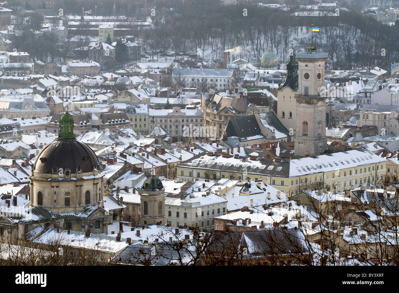Vista invernale di Lviv, Ucraina parte centrale Foto Stock