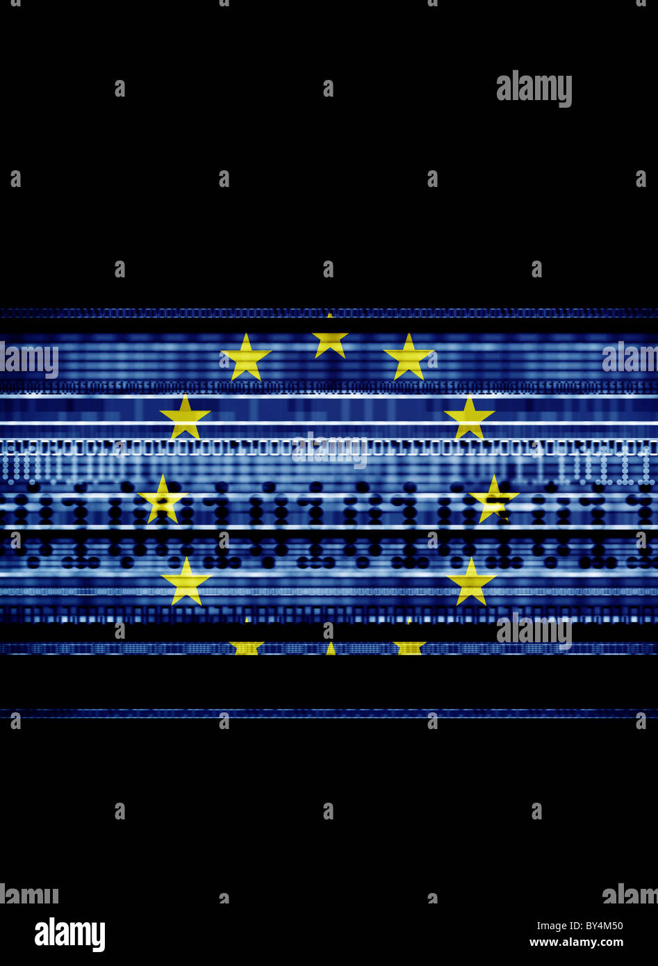 La bandiera europea miscelata con una illustrazione del codice binario che rappresenta dati, sicurezza internet, telecomunicazioni globali Foto Stock