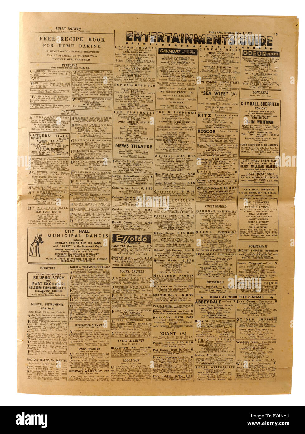 Guida del divertimento da un vecchio giornale sbiadito datata sabato 4 maggio 1957 "La Stella" da Sheffield "South Yorkshire Inghilterra. Foto Stock