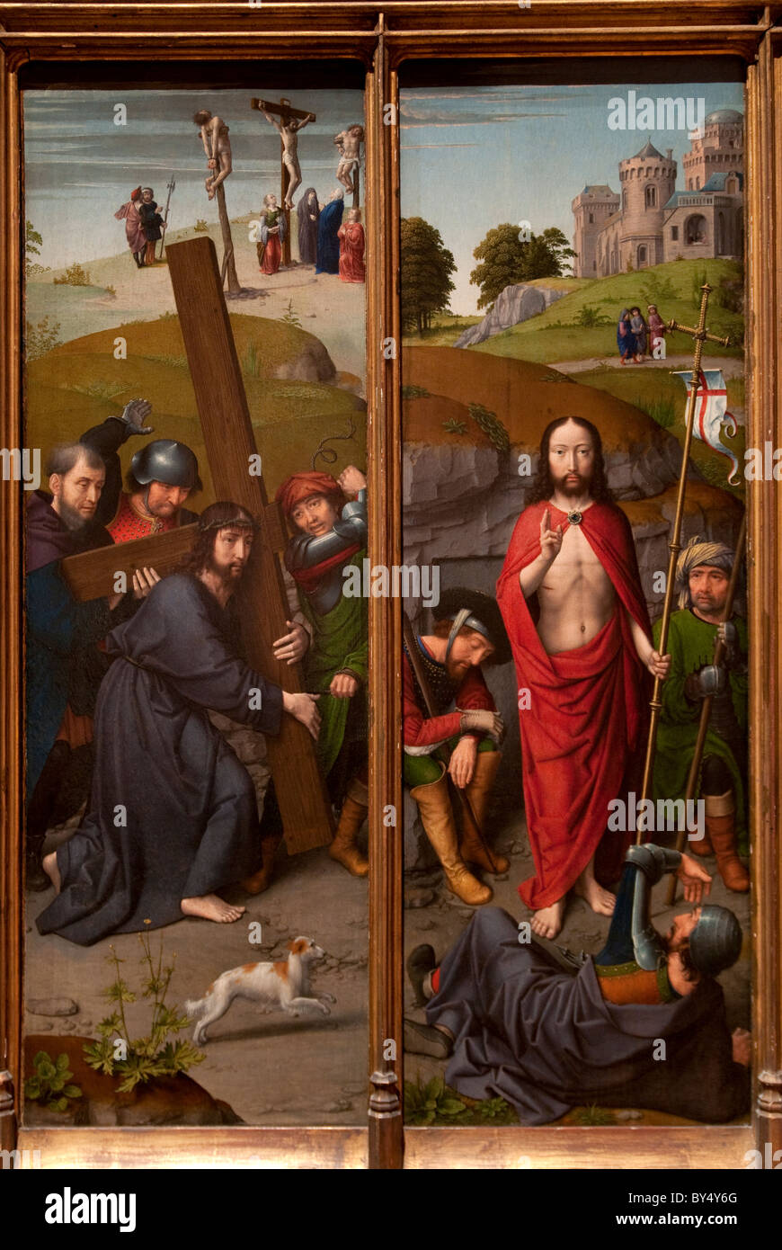 Cristo che porta la croce e con la Crocifissione e La Resurrezione, con i pellegrini di Emmaus di Gerard David Foto Stock