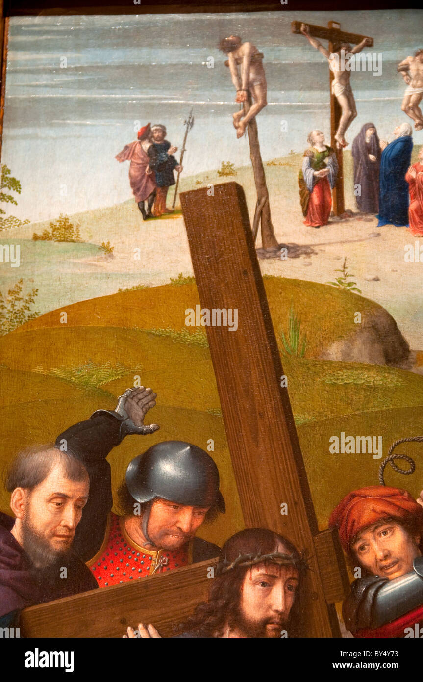 Dettaglio: Cristo che porta la croce e con la Crocifissione e La Resurrezione, con i pellegrini di Emmaus di Gerard David Foto Stock