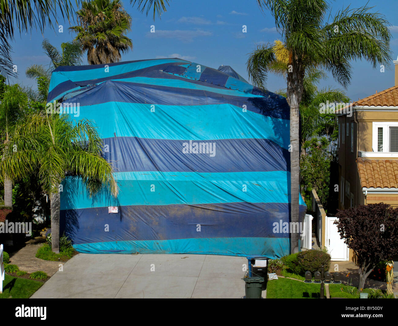 Una casa nel sud della California è avvolto in una tenda gassproof e riempito con velenosi gas di cianuro di uccidere termite infestazione. Foto Stock