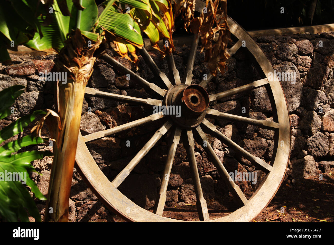 In legno antico ruota di carro appoggiata sulla parete Foto Stock