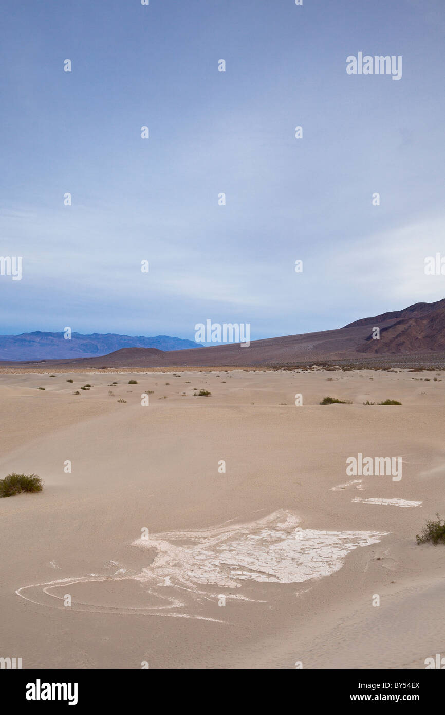 Fango essiccato crepe nelle antiche lakebed del Mesquite Flat dune di sabbia nel Parco Nazionale della Valle della Morte, California, Stati Uniti d'America. Foto Stock