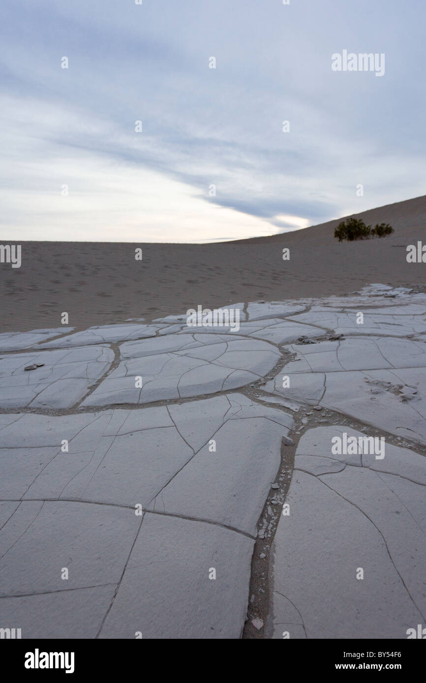 Fango essiccato crepe nelle antiche lakebed del Mesquite Flat dune di sabbia nel Parco Nazionale della Valle della Morte, California, Stati Uniti d'America. Foto Stock