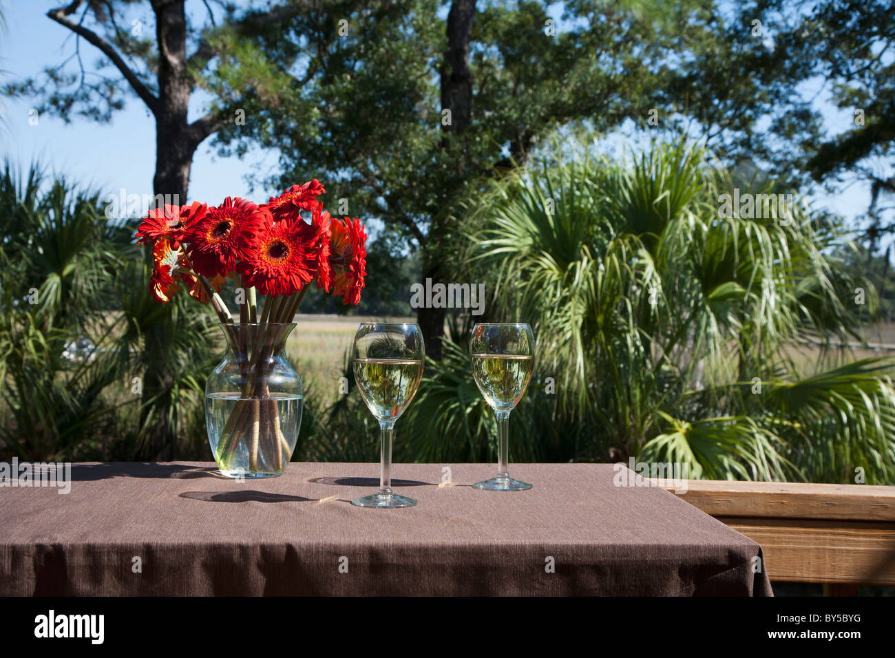 Due bicchieri di vino bianco e un vaso di margherite Gerbera su una tabella, all'aperto Foto Stock