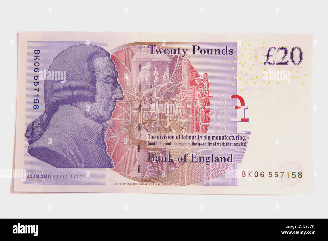 Il retro di un moderno inglese venti pound nota. Foto Stock